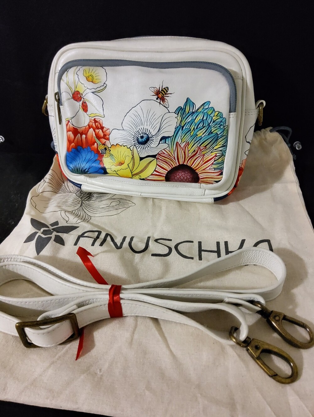 Anna By Anuschka White Floral Melody Crossbody Bag, Hand Painted Leather